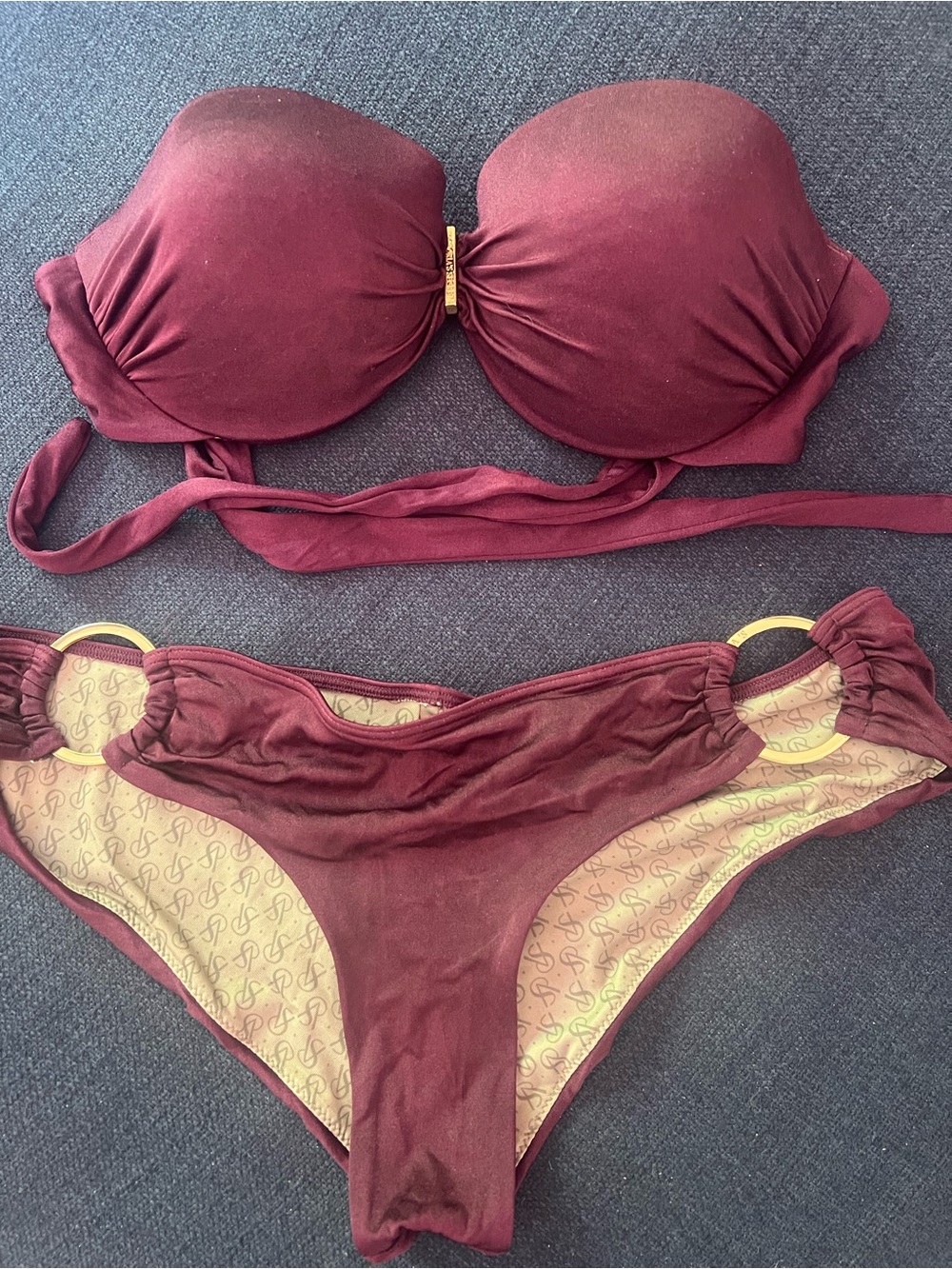 Victoria's Secret Burgundy Strapless Bikini with Gold Rings